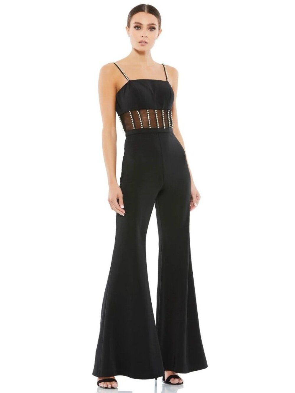 Mac Duggal Size 4 Black 26601 Rhinestone Mesh Corset Jumpsuit Cocktail Formal ￼